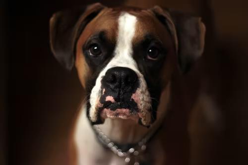 head of brown and white boxer, wearing a collar
