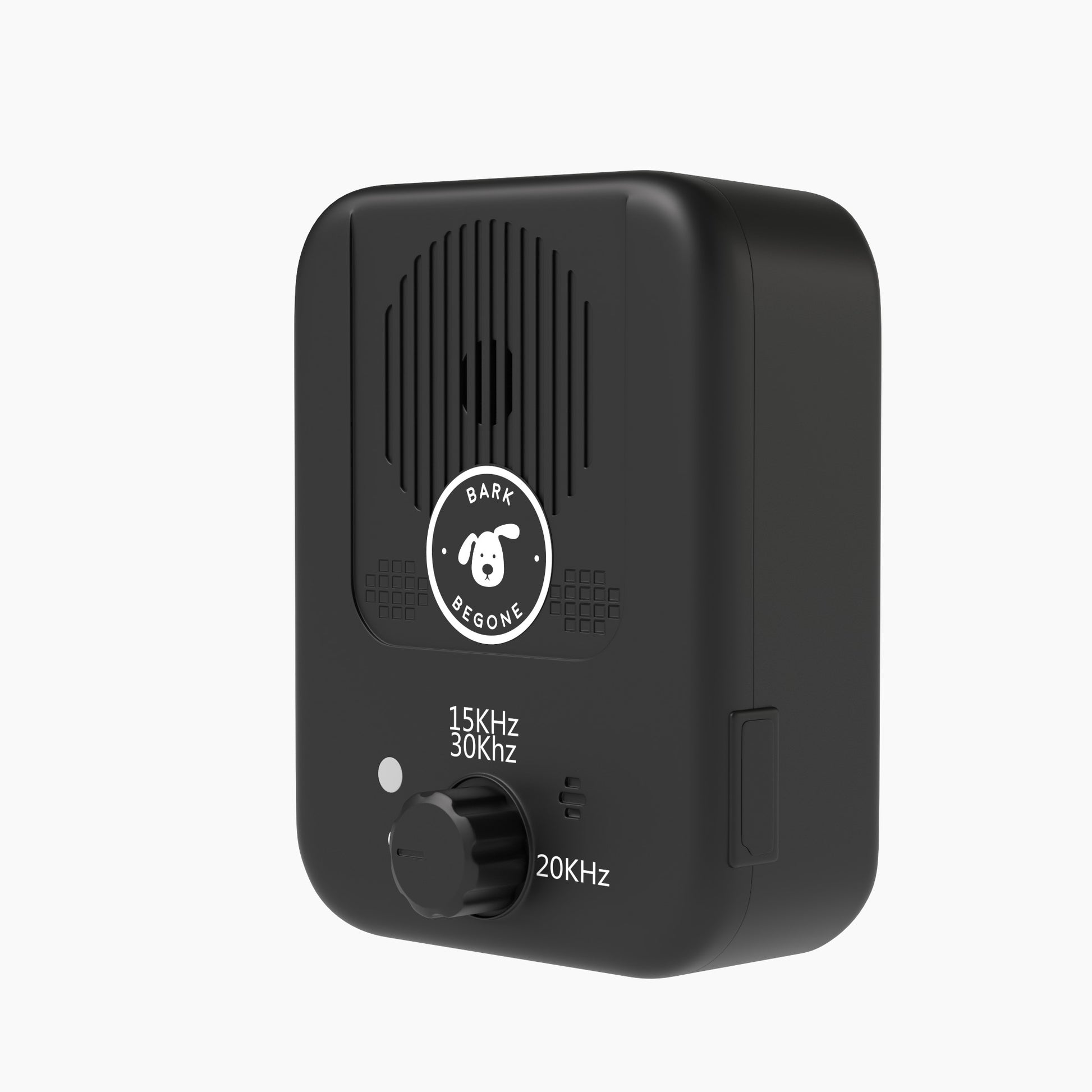 A black rectangular device with a circular dial marked 15 kHz, 20 kHz, and 30 kHz, featuring a sound wave icon and a dog icon alongside the text "Bark Begone." This auto bark controller is designed for both indoor and outdoor use with a waterproof build.