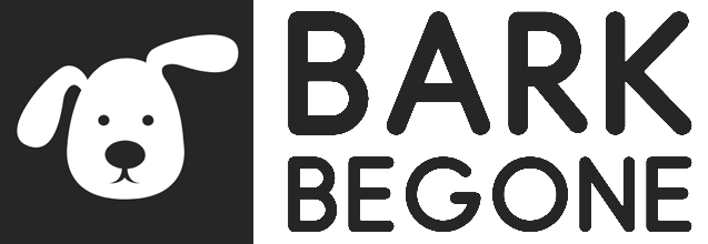 white dog head image and words Bark Begone in black with no background